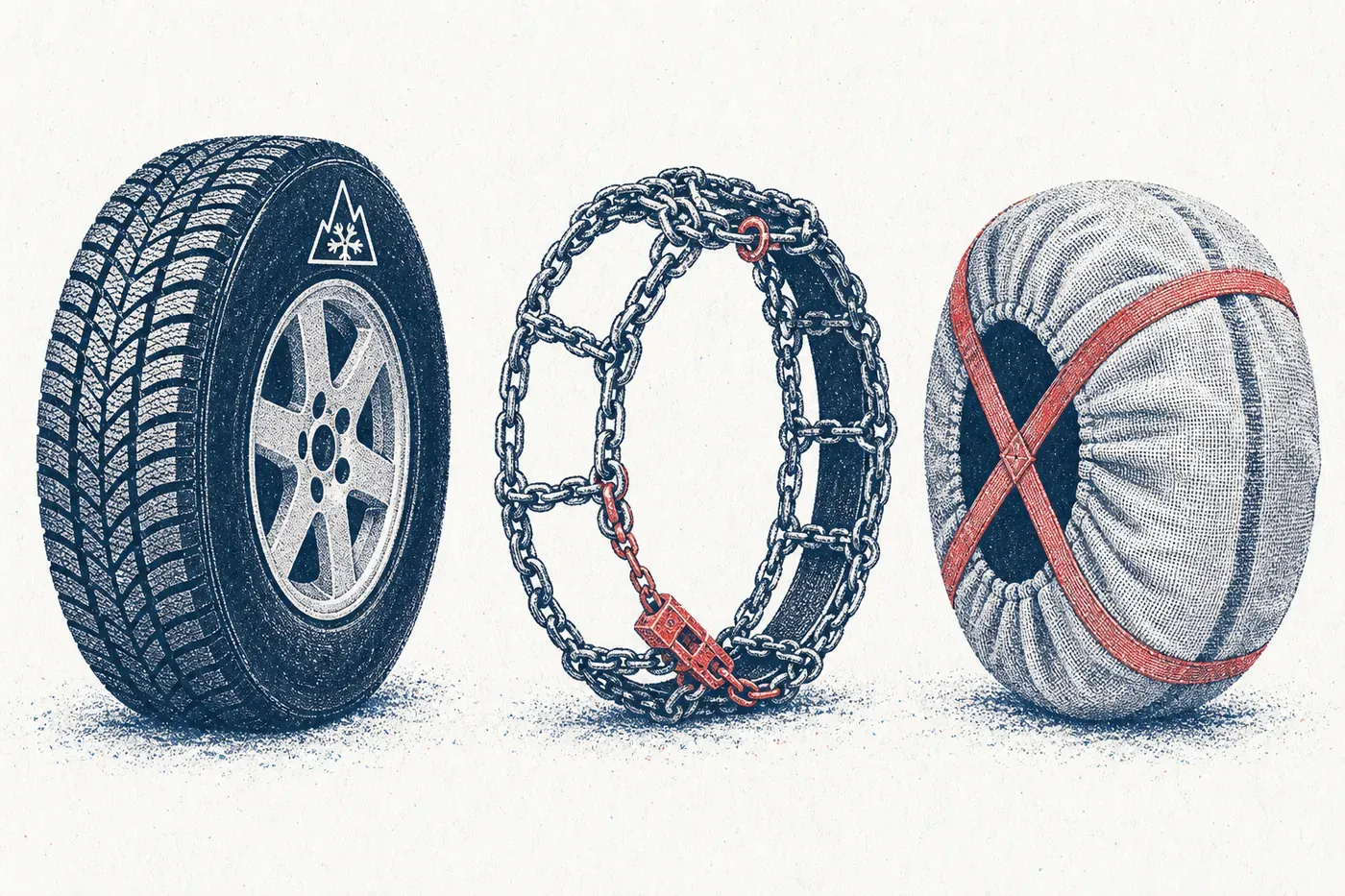 Un pneu marqué du symbole alpin, une chaîne métallique et une chaussette à neige, dessinés côte à côte.
